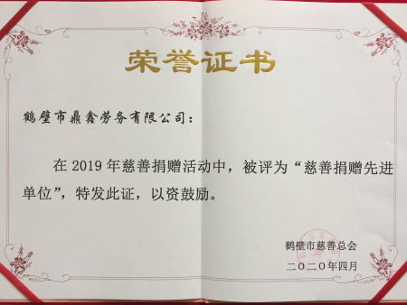 2019年度慈善捐赠先进单位证书 2019年度慈善捐赠先进单位证书