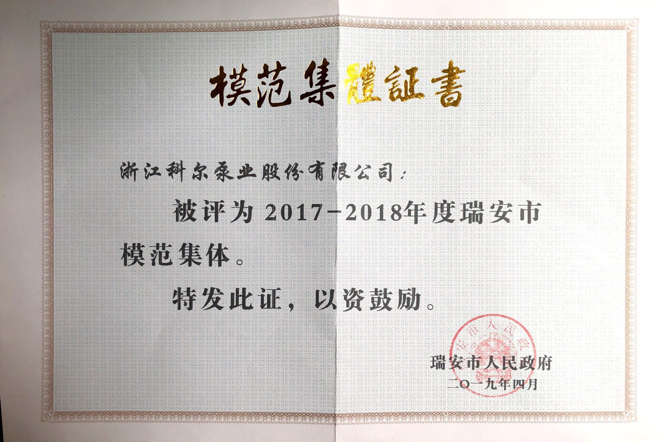 2017-2018年度瑞安市模范集體