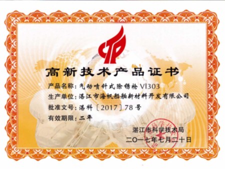 气动喷针式除锈枪高新技术产品证书2017 气动喷针式除锈枪高新技术产品证书2017