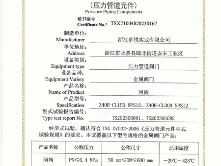 型试试验证书-闸阀