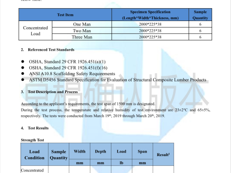 LVL Scaffolding Plank OSHA Test Certificate