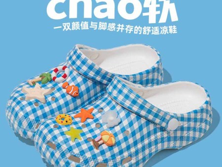 6974 格子底纹海边饰扣洞洞鞋35-40