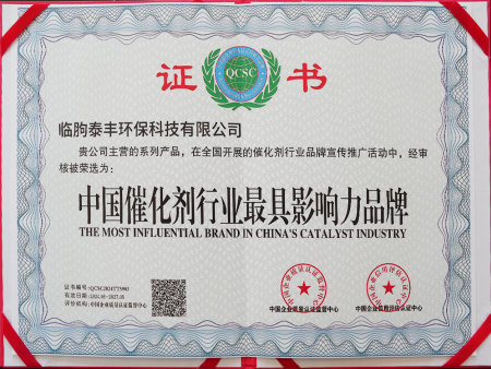 中国催化剂行业最具影响力品牌证书