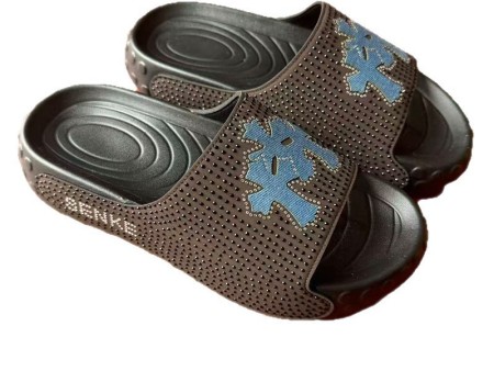 7607 蓝色图标贴钻男士一字拖40-45