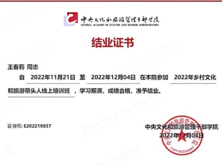 王春莉完成文旅部乡村文化和旅游带头人培训