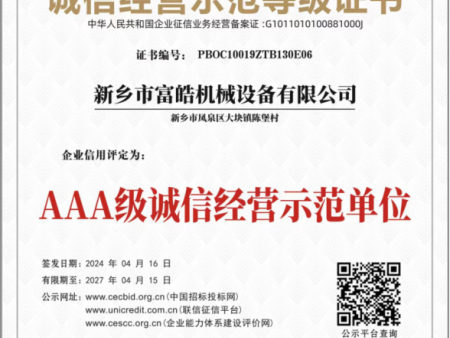 诚信经营示范等级证书