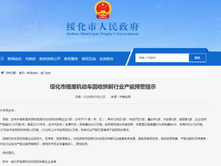 绥化市报废机动车回收拆解行业产能预警提示