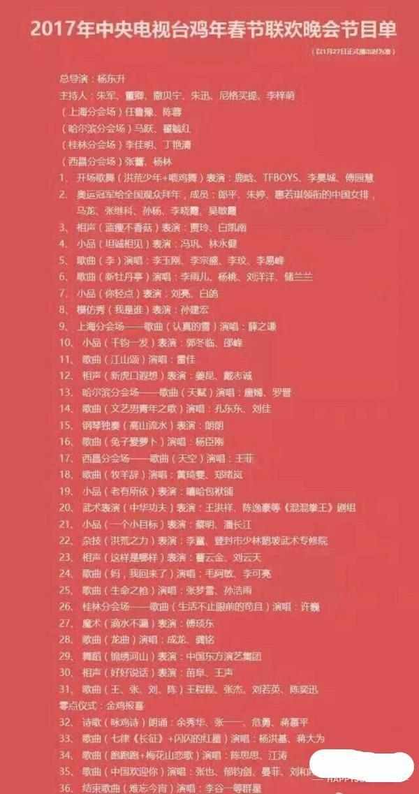 17年央视鸡年春晚节目单演员表出炉 李易峰鹿晗tfboys