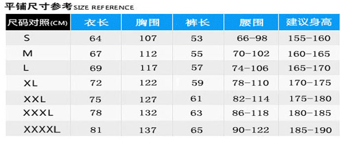 无尘室防静电衣服型号尺寸对照表