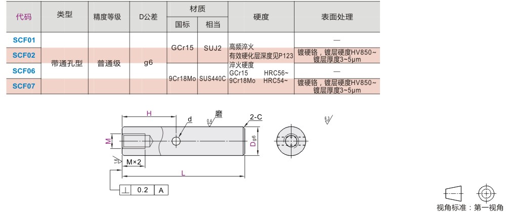 导向轴 一端内螺纹型 带通孔型 g6