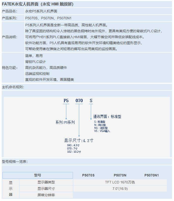 永宏P5系列人機界面：P5070S、P5070N、P5070N1