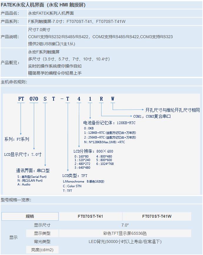 F系列觸摸屏-7.0寸：FT070ST-T41、FT070ST-T41W