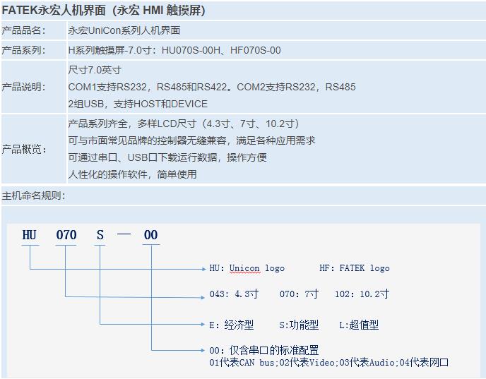 H系列觸摸屏-7.0寸：HU070S-00H、HF070S-00