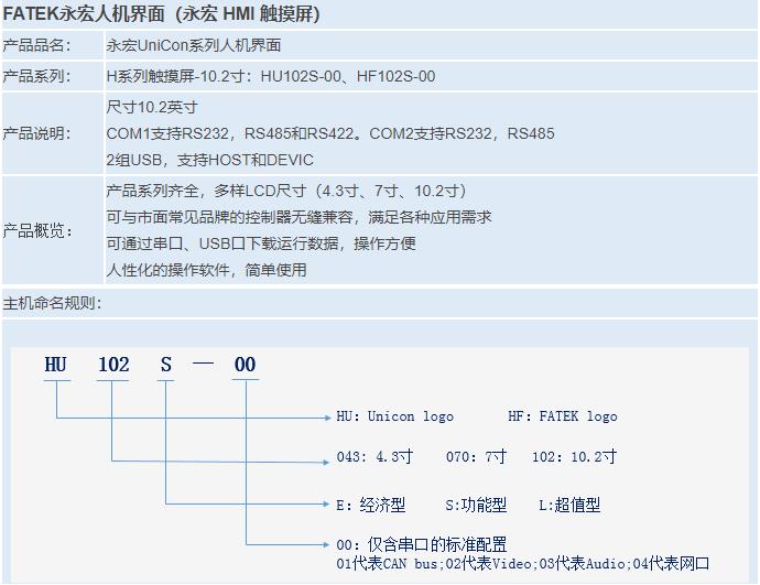 H系列觸摸屏-10.2寸：HU102S-00、HF102S-00