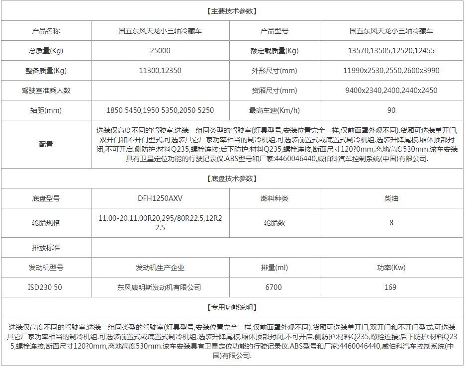 国五东风天龙小三轴冷藏车