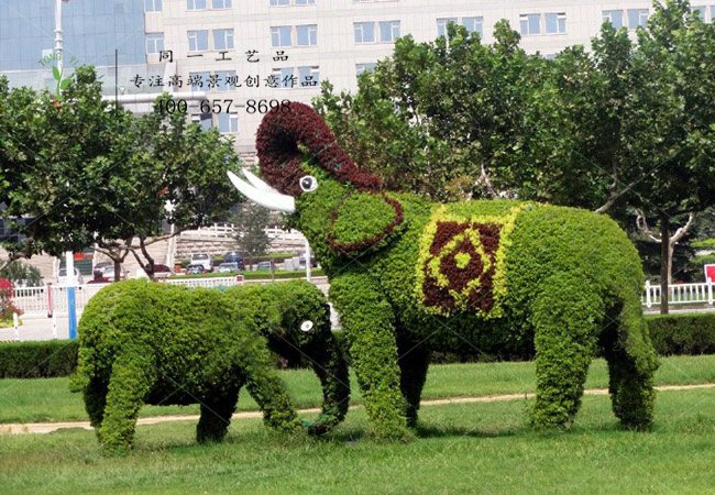 植物绿雕大象母子造型