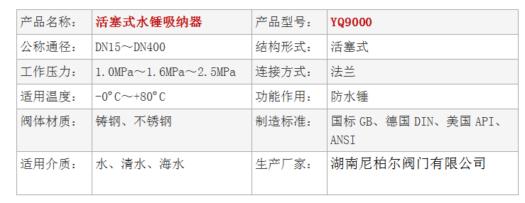 YQ9000活塞式水锤吸纳器