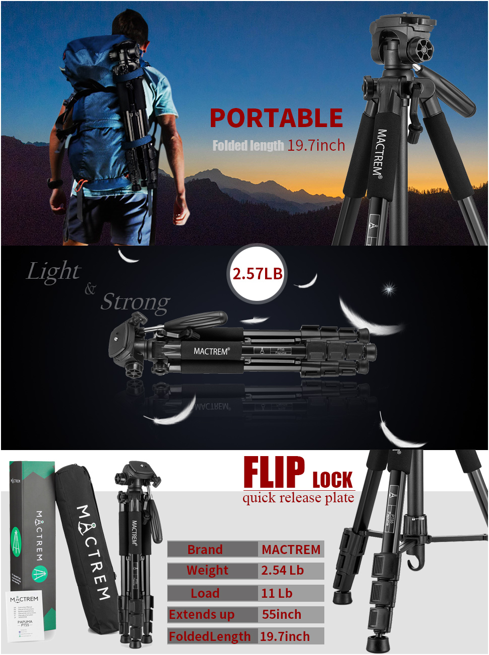 Mactrem PT55 Travel Camera Tripod Lightweight Aluminum for DSLR SLR Canon Nikon Sony Olympus DV