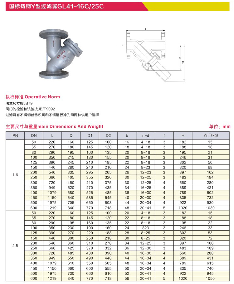 国标铸钢Y型过滤器
