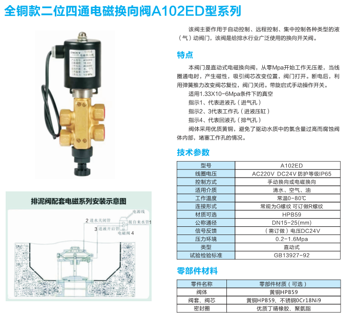 全铜款二位四通电磁换向阀A102ED型系列