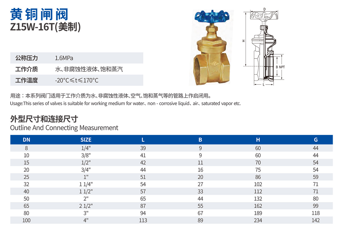 黄铜闸阀Z15W-16T(美制)