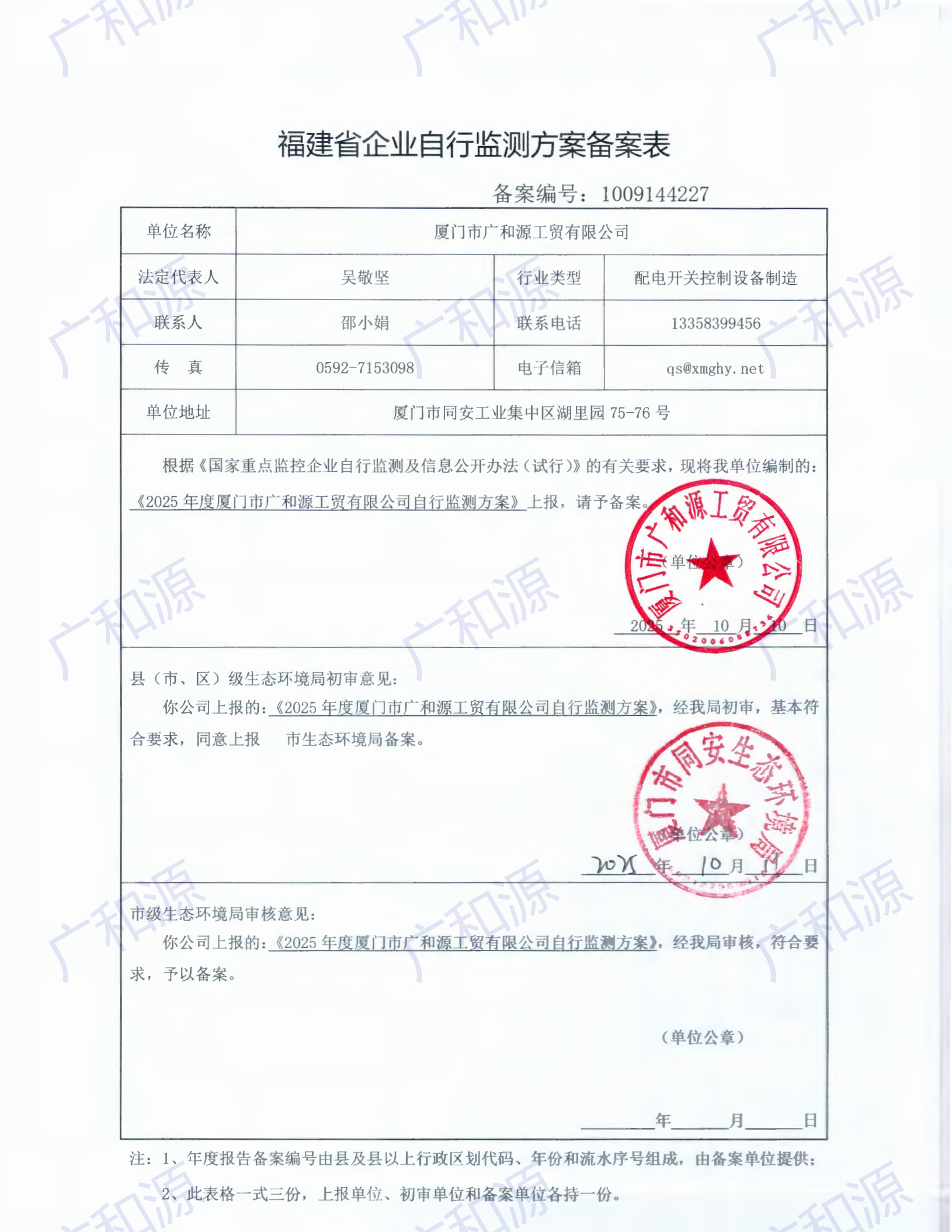 2025年 自行监测方案备案表