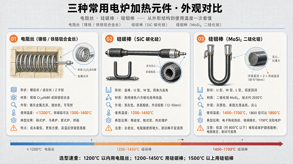 电阻丝 / 硅碳棒 / 硅钼棒加热元件外观对比 马弗炉选型避坑指南