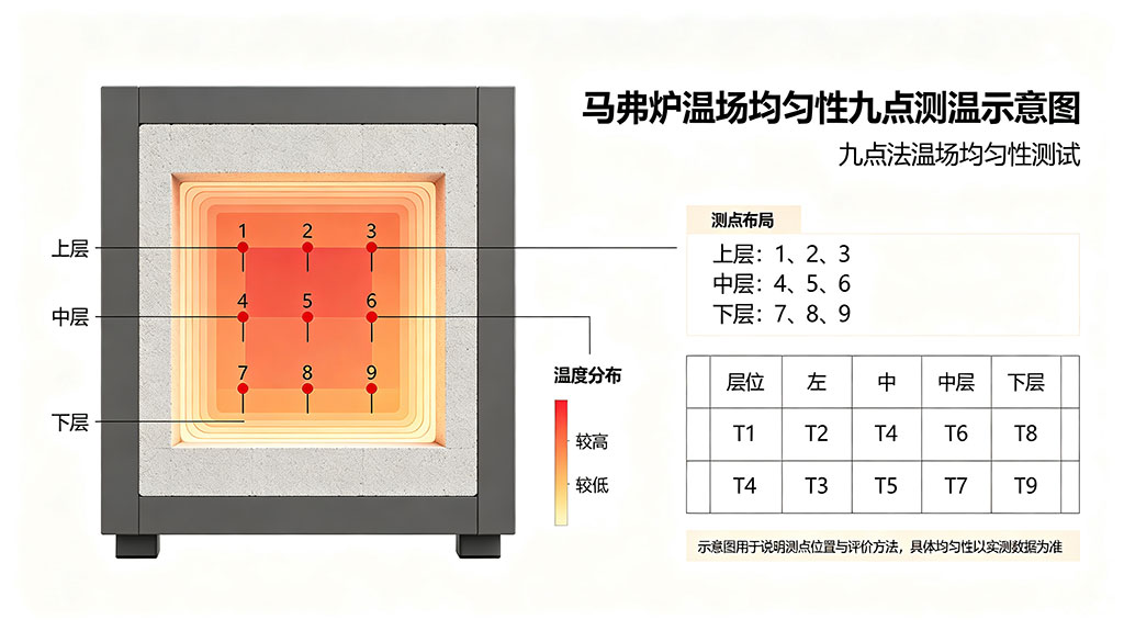 马弗炉温场均匀性九点测温示意图 马弗炉选型避坑指南