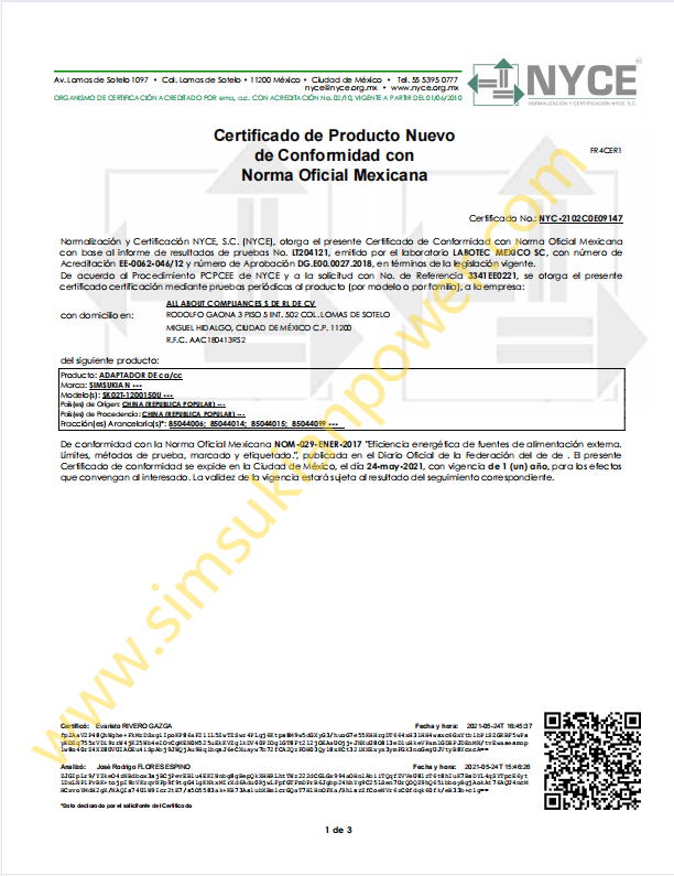 Mexico NOM Conformity Certificate