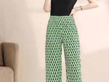 白绿菱形格阔腿裤1