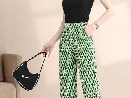 白绿菱形格阔腿裤2
